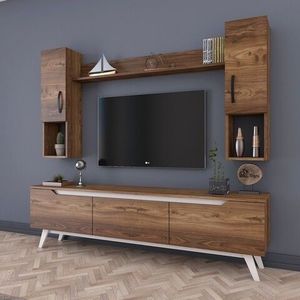 Comoda TV cu raft de perete si 2 cabinete M27 - 833, Wren, 180 x 35 x 48.6 cm/133 cm, walnut/white imagine