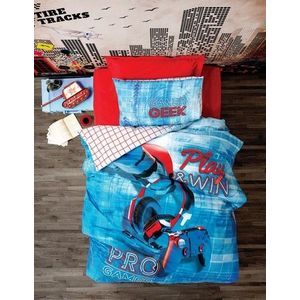 Lenjerie de pat pentru o persoana, 3 piese, 160x220 cm, 100% bumbac ranforce, Cotton Box, Game, albastru imagine
