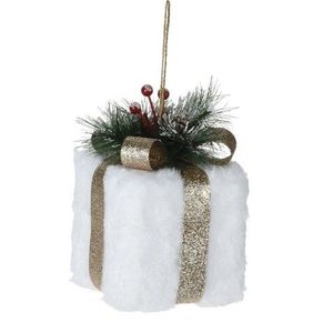 Decoratiune Gift box, 10x16 cm, poliester, alb/auriu imagine