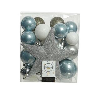 Cutie cu 33 globuri asortate si varf de brad Star, Decoris, plastic, alb/albastru/argintiu imagine