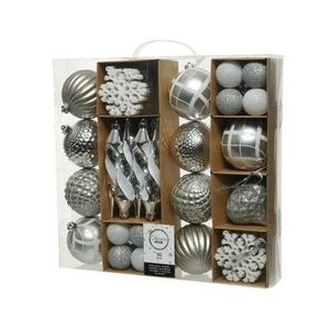 Cutie cu 50 globuri asortate Silver mix, Decoris, plastic, alb/argintiu imagine