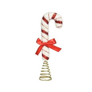 Varf decorativ pentru brad Candy cane w bow, Decoris, 4.5x7.5x25 cm, spuma, rosu/alb/auriu imagine