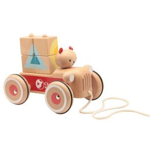 Mașină de tras Classic world, din lemn, cu ursuleț Coco și cuburi imagine