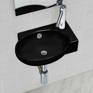 Chiuvetă baie orificiu robinet/preaplin, negru, ceramică, rotund imagine