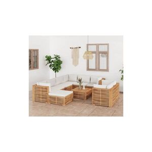 Set mobilier gradina cu perne crem, 10 piese, lemn masiv de tec imagine