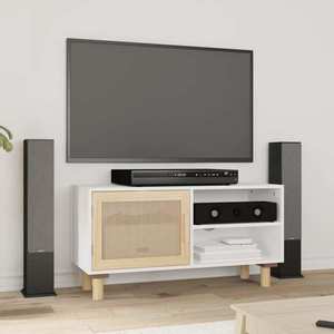 vidaXL Comodă TV, alb, 80x30x40 cm, lemn masiv pin și ratan natural imagine