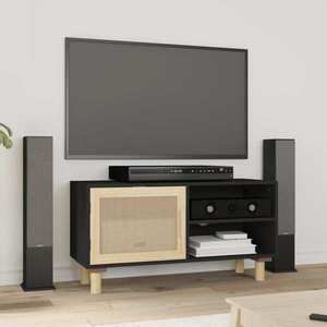 vidaXL Comodă TV, negru, 80x30x40 cm, lemn masiv pin și ratan natural imagine