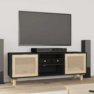 vidaXL Comodă TV, negru, 105x30x40 cm lemn masiv pin și ratan natural imagine