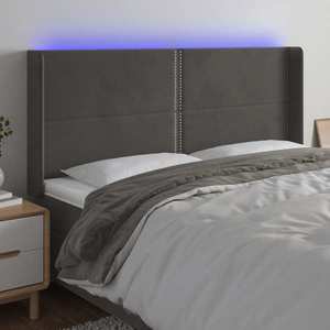 vidaXL Tăblie de pat cu LED, gri închis, 203x16x118/128 cm, catifea imagine