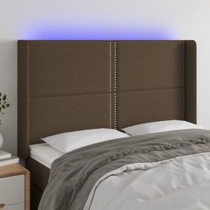 vidaXL Tăblie de pat cu LED, maro închis, 147x16x118/128 cm, textil imagine