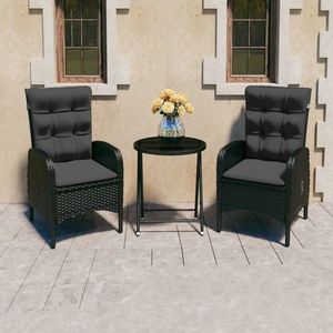 vidaXL Set mobilier bistro grădină, 3 piese, negru, poliratan/sticlă imagine