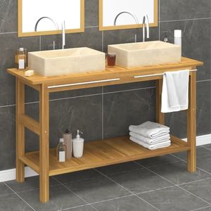vidaXL Dulap de baie cu chiuvete din marmură, crem, lemn masiv tec imagine