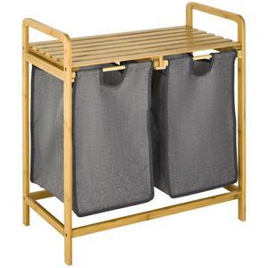 HOMCOM Cos de rufe din bambus , Cos de rufe cu raft, 2 saci pentru dormitor, baie, spalatorie, 64 x 33 x 73 cm, gri | AOSOM RO imagine