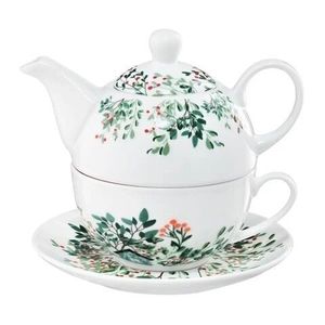 Set ceai pentru o persoana, ceainic cu ceasca si farfurie Greenery, Ambition, 240/370 ml, portelan imagine