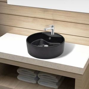 Bazin chiuvetă ceramică baie cu gaură robinet/preaplin, rotund, negru imagine