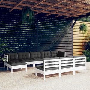 vidaXL Set mobilier de grădină cu perne, 10 piese, alb, lemn de pin imagine