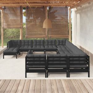 vidaXL Set mobilier grădină cu perne, 12 piese, negru, lemn de pin imagine