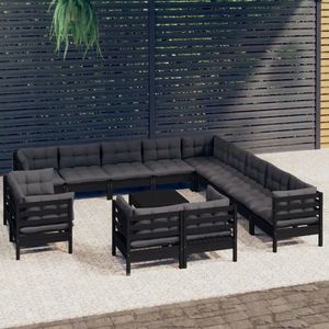 vidaXL Set mobilier grădină cu perne, 14 piese, negru, lemn masiv pin imagine