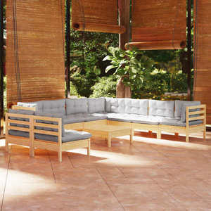 vidaXL Set mobilier grădină cu perne, 10 piese, gri, lemn masiv pin imagine