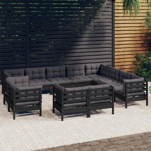 vidaXL Set mobilier grădină cu perne, 12 piese, negru, lemn masiv pin imagine