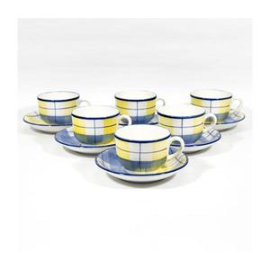 Set de ceai 6x ceașcă ceramică cu farfurioară albastră galbenă imagine