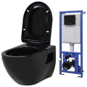vidaXL Vas toaletă suspendat cu rezervor încastrat, negru, ceramică imagine