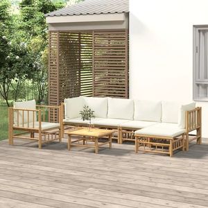 vidaXL Set mobilier de grădină, 7 piese, perne alb crem, bambus imagine