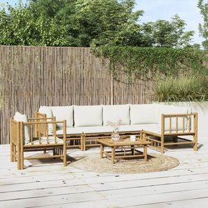 vidaXL Set mobilier de grădină, 7 piese, perne alb crem, bambus imagine