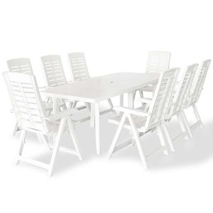 vidaXL Set mobilier de exterior, 9 piese, alb, plastic imagine