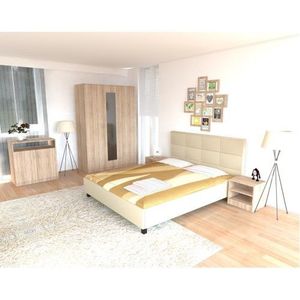 Dormitor Soft Sonoma cu pat tapitat bej pentru saltea 160x200 cm imagine