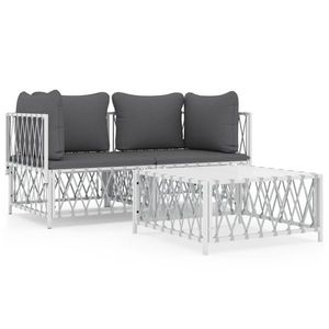 vidaXL Set mobilier de grădină, 3 piese, cu perne, alb, oțel imagine