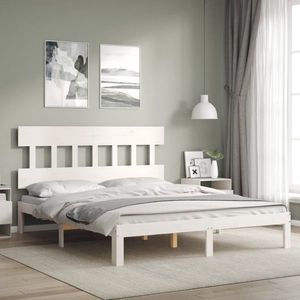 vidaXL Cadru de pat cu tăblie, alb, king size, lemn masiv imagine