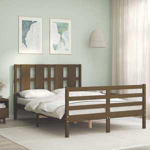 vidaXL Cadru de pat cu tăblie, dublu mic, maro miere, lemn masiv imagine