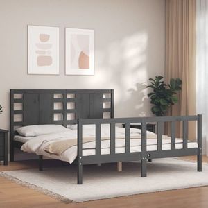 vidaXL Cadru de pat cu tăblie, gri, king size, lemn masiv imagine