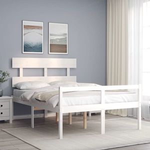 vidaXL Cadru de pat senior cu tăblie dublu, alb, lemn masiv imagine