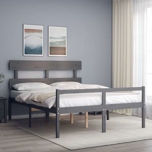 vidaXL Cadru de pat senior cu tăblie, gri, king size, lemn masiv imagine