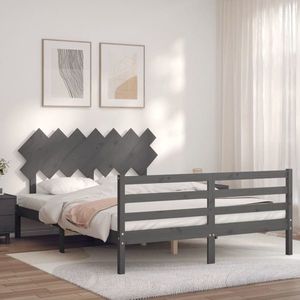 vidaXL Cadru de pat cu tăblie, gri, 140x190 cm, lemn masiv imagine