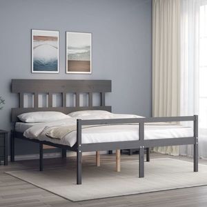 vidaXL Cadru de pat senior cu tăblie, gri, king size, lemn masiv imagine