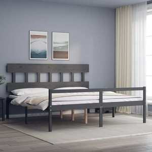 vidaXL Cadru de pat senior cu tăblie, gri, Super King Size, lemn masiv imagine