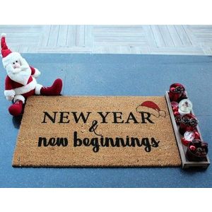 Covoras de intrare, New Year New Beginnings, 70x40 cm, Fibra de cocos, Maro / Negru imagine