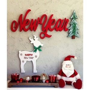 Decoratiune de perete, New Year, 70x2x30 cm, Placaj , Rosu imagine