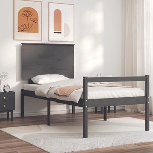 vidaXL Cadru de pat senior cu tăblie, 100x200 cm, gri, lemn masiv imagine
