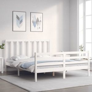 vidaXL Cadru de pat cu tăblie, alb, 160x200 cm, lemn masiv imagine