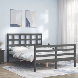 vidaXL Cadru de pat cu tăblie, gri, 140x190 cm, lemn masiv imagine
