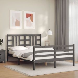 vidaXL Cadru de pat cu tăblie, dublu, gri, lemn masiv imagine