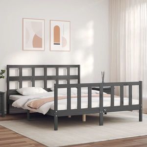 vidaXL Cadru de pat cu tăblie, gri, king size, lemn masiv imagine