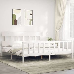 vidaXL Cadru de pat cu tăblie Super King Size, alb, lemn masiv imagine