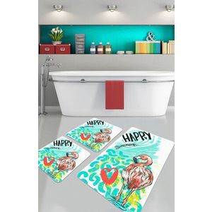 Set covoraș de baie (3 bucăți), Chilai, Happy Flamingo, Catifea, Multicolor imagine