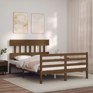 vidaXL Cadru de pat cu tăblie, dublu mic, maro miere, lemn masiv imagine
