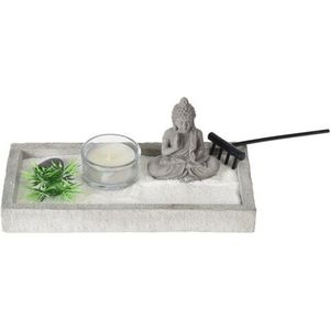 Decoratiune Buddha zen garden cu suport de lumanare, 19x10x8 cm, ciment, gri imagine